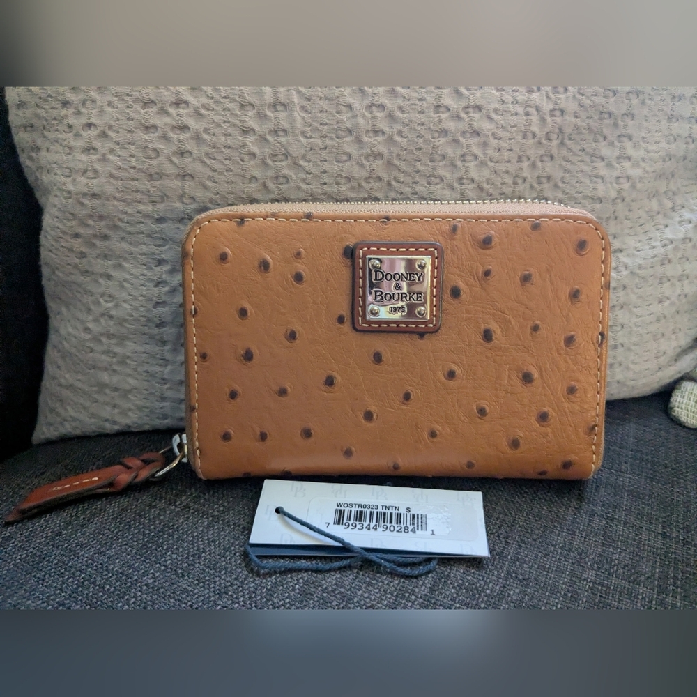 Dooney And Bourke Medium Tan Ostrich Zip Around Wallet